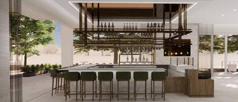 A modern bar area with a central island, bar stools, and a wine rack.