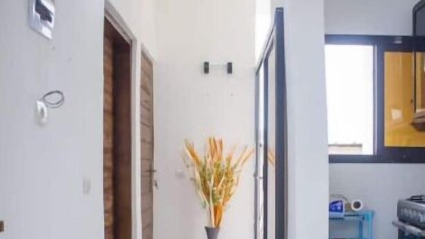 A hallway with a tiled floor, a vase with dried plants, and a door leading to another room. - HIGH STANDING APARTMENT CI (Abidjan)