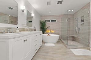 Shower, hair dryer, shampoo