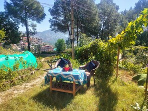 An outdoor seating area with a table and chairs, surrounded by greenery and a view of a residential area. - Awestrucking Place With Unforgettable Beauty (Solan)