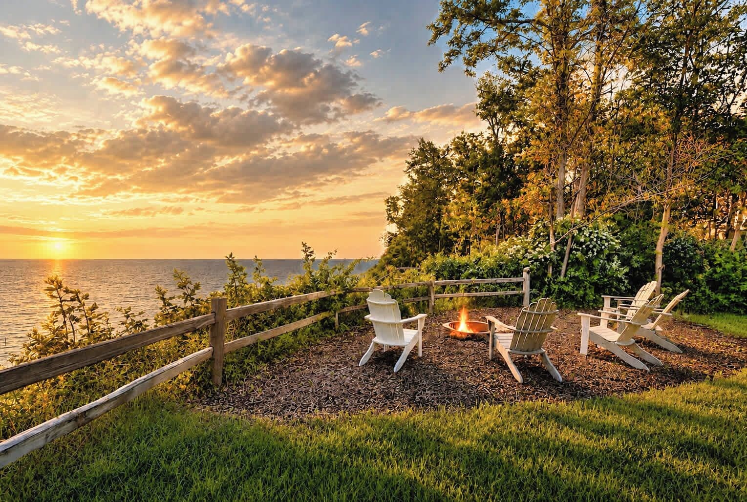 Private Beach Overlook | Gather by the Fire as the Sky Fades Over the Lake
