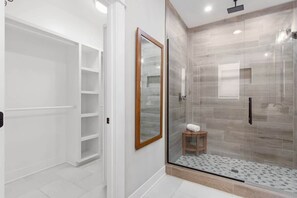 Shower, hair dryer, shampoo