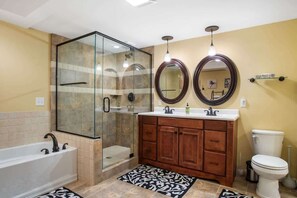 Shower, hair dryer, shampoo