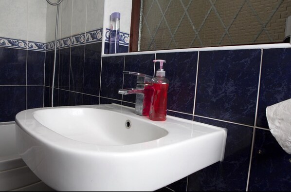 A bathroom with a white sink, a red bottle of soap, and a shower head.