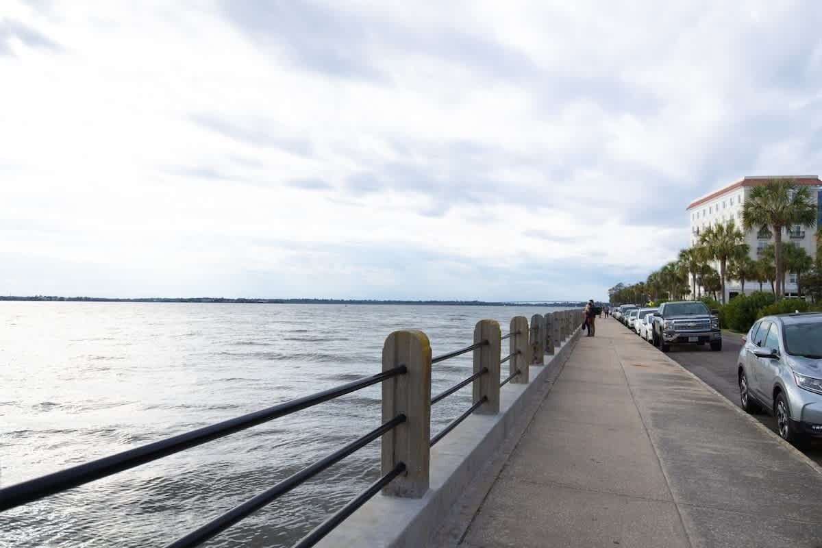 A waterfront promenade with a concrete walkway, a metal railing, parked cars, and a building with palm trees.