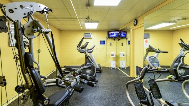 Una palestra con macchinari cardio, attrezzi per pesi e uno specchio a parete.