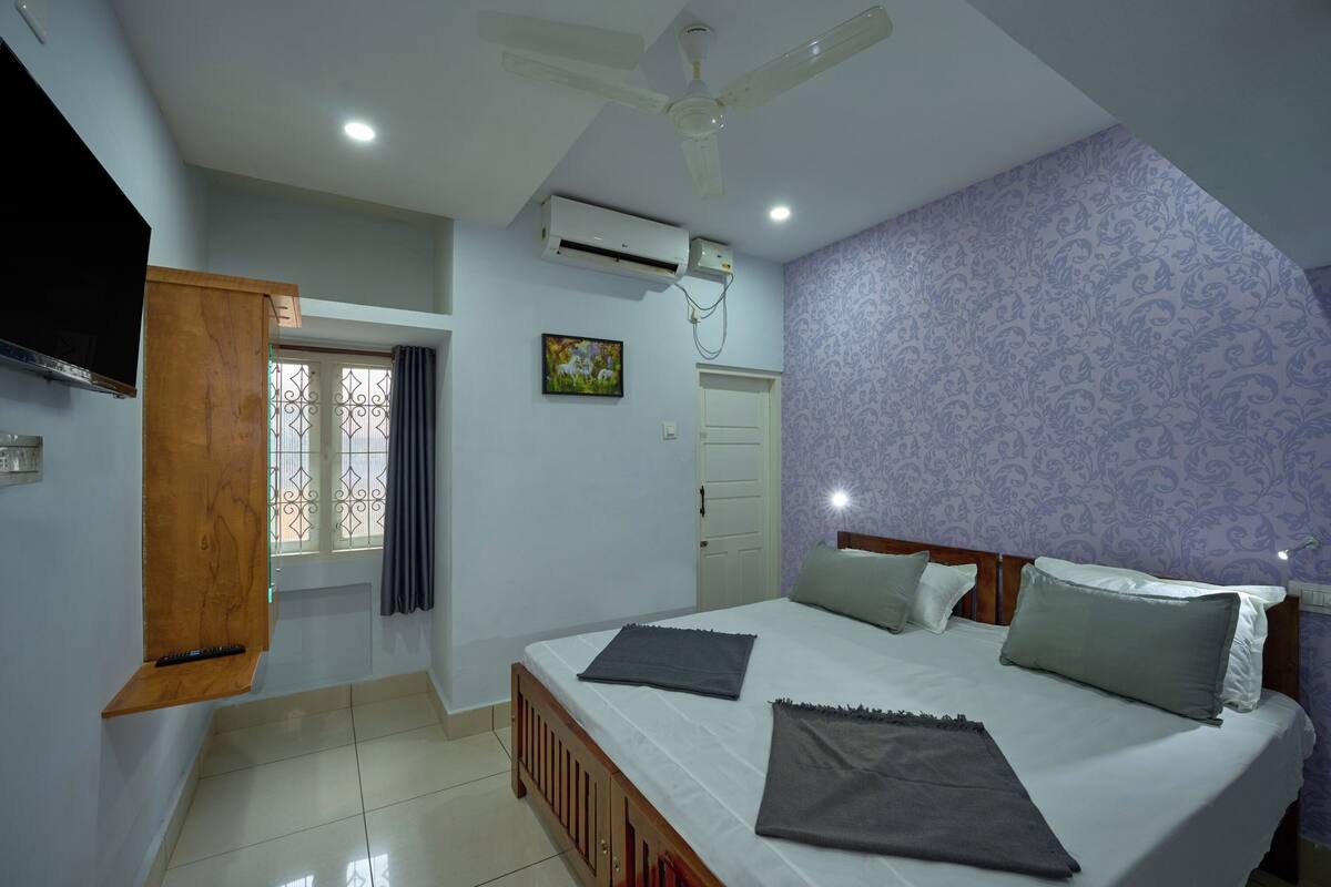 A bedroom with a bed, a ceiling fan, an air conditioning unit, a TV, a window with curtains, and a door.