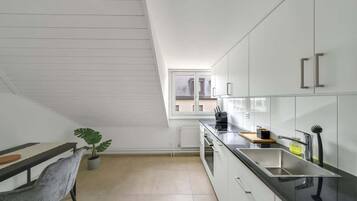 Een koelkast, een oven, een kookplaat, een vaatwasser