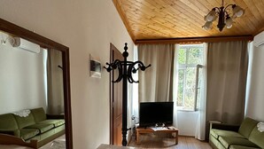 Une pièce avec un plafond en bois, un grand miroir, un téléviseur posé sur un meuble en bois, deux canapés verts, une petite table blanche et un lit avec une tête de lit blanche.
