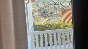 Un balcon donnant sur un quartier résidentiel, avec un toit en tuiles et une balustrade ornée de plantes suspendues.