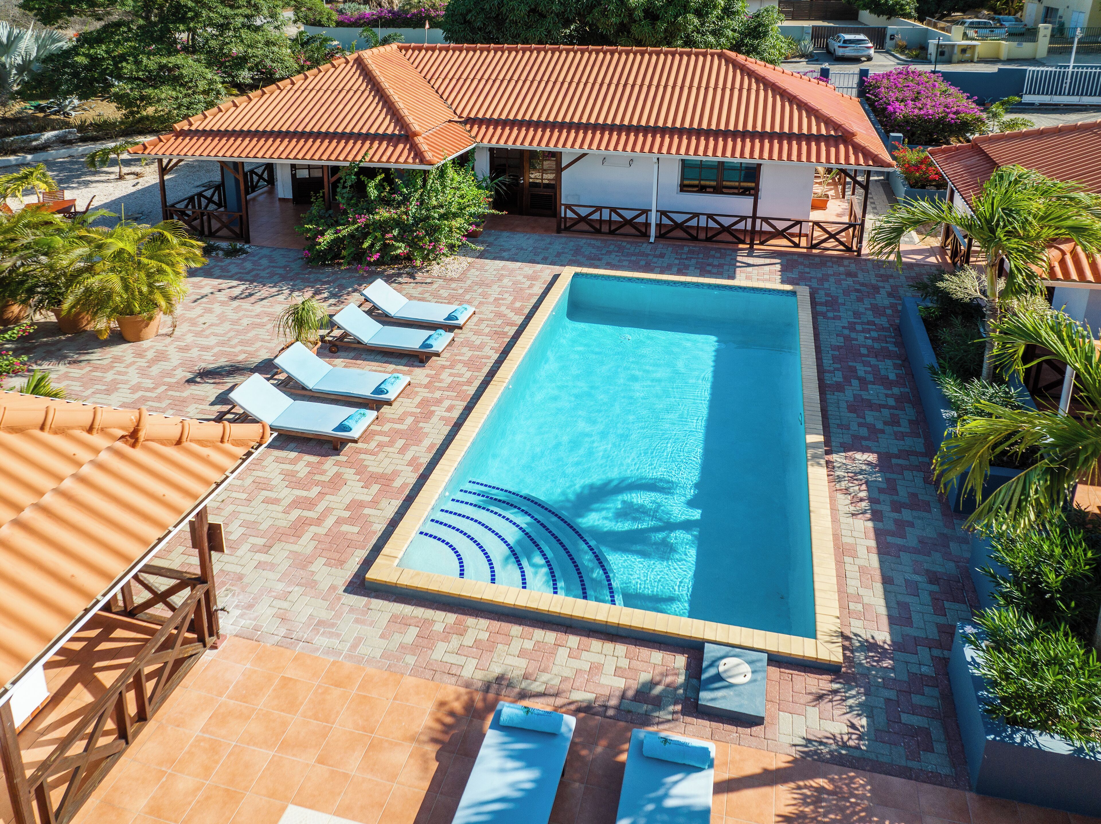 Piscine extérieure, parasols de plage, chaises longues