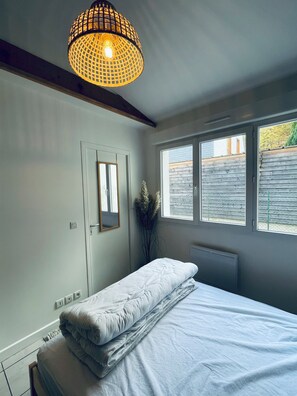 1 chambre, fer et planche à repasser, lit parapluie