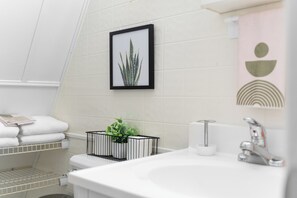 Hair dryer, towels, soap, toilet paper