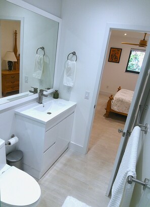 Chuveiro, secador de cabelo, toalhas de banho, sabonete