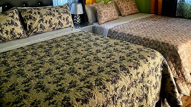 A room with two beds, a tufted headboard, a lamp, and a window with curtains. -  2 bedrooms, 1 bathroom, kitchen, WiFi, and AC in Greendale, Spanish Town. (Spanish Town)