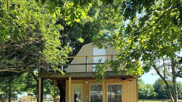 Une petite construction en bois, dotée d’un porche abrité et d’une porte vitrée, entourée d’une végétation luxuriante.