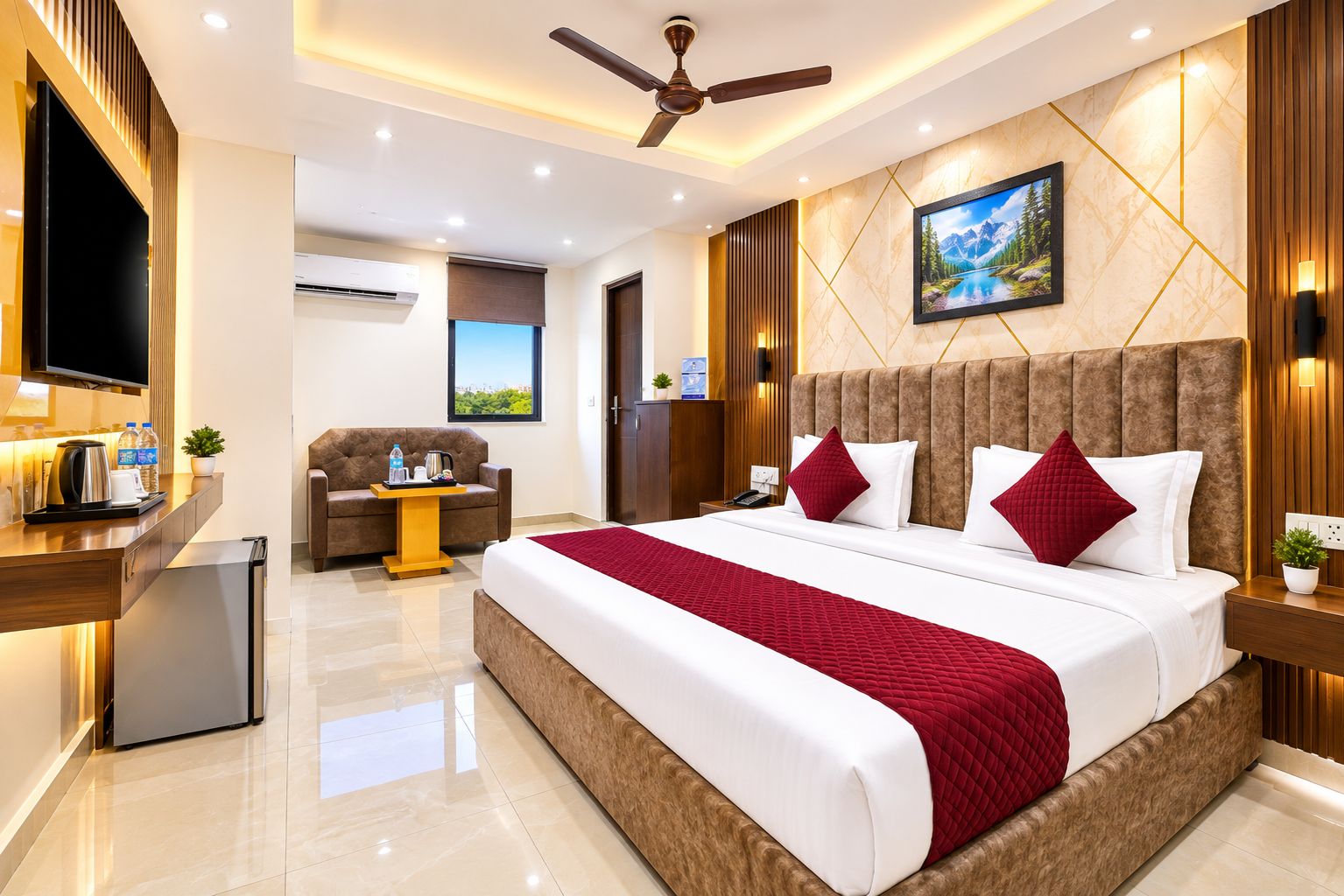 A modern hotel room with a large bed, a sofa, a desk with a TV, and a ceiling fan.