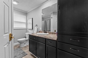 A bathroom with a white toilet, a sink with a granite countertop, and dark cabinetry.