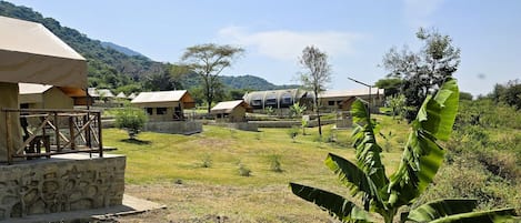 A rural accommodation area with several small, single-story buildings with flat roofs, surrounded by greenery and hills.