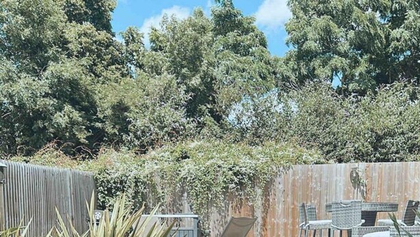 A hot tub with steps leading up to it, surrounded by potted plants and a wooden fence.