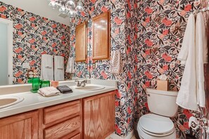 Jetted bath, hair dryer, towels, soap