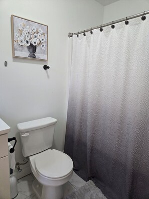 Hair dryer, towels, soap, shampoo