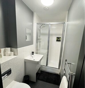 Dusche, Haartrockner, Handtücher, Seife