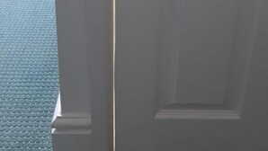 A door with a textured carpet leading to a room.