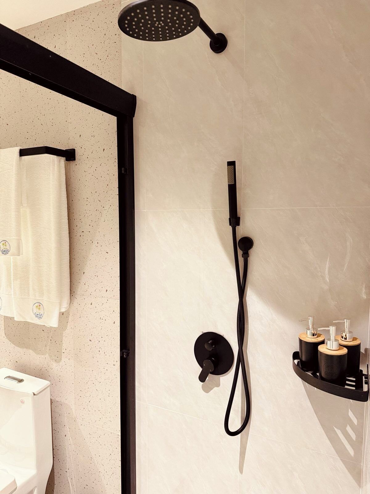 Un baño moderno con ducha, toallero y dispensador de jabón.