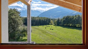 Blick durch ein Fenster auf eine grüne Wiese mit Kühen, umgeben von Bäumen und Bergen.