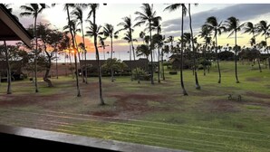 A view of a grassy area with palm trees and a sunset in the background. - Ocean, freshness, vibe; 1 bedroom + loft + sofas. (Maunaloa)