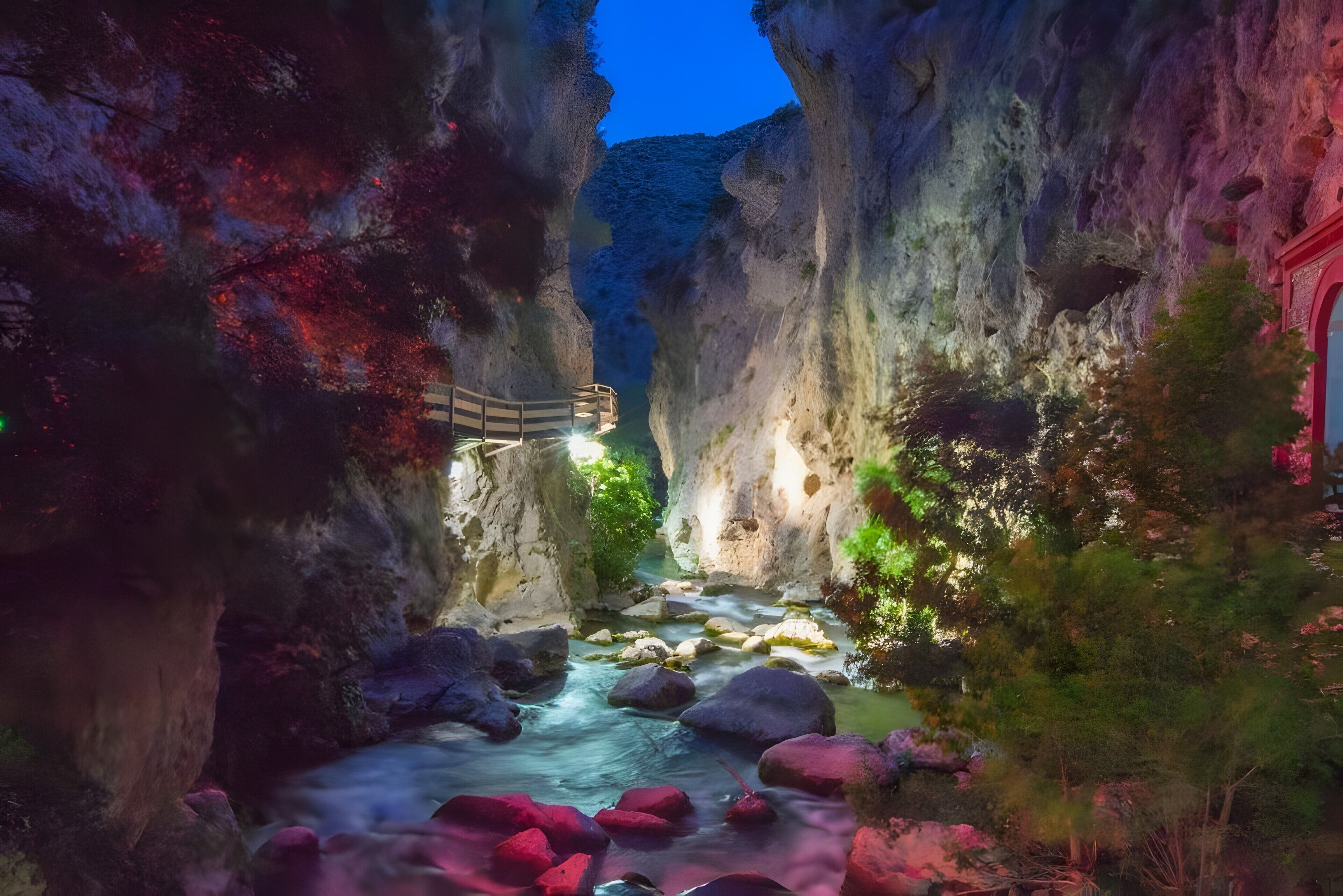 Un canyon étroit, traversé par une rivière, avec un terrain rocheux et un pont en bois.