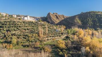 A rural landscape with a hill, a path, and a building with a tower.