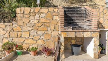 A stone wall with a brick oven, potted plants, and a metal grill.