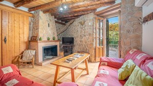 Una habitación acogedora con chimenea de piedra, vigas de madera en el techo, televisor y sofá.