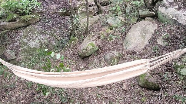 A hammock in a forested area with rocks and sparse vegetation.