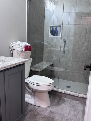 Hair dryer, towels, soap, shampoo