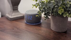 A wooden table with a gray clock displaying 2:22 and a small potted plant.
