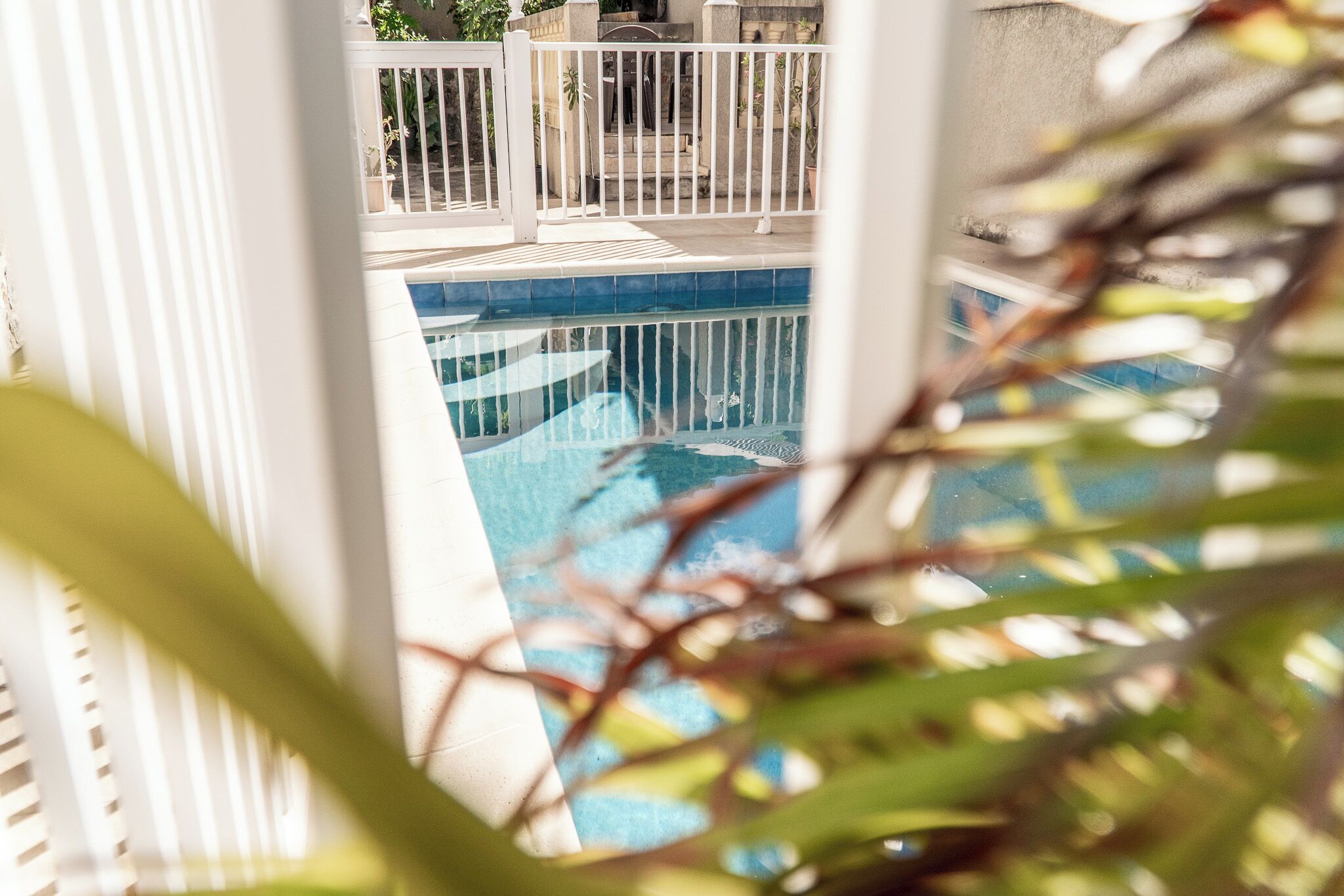 Área de piscina com cerca branca, vista da piscina e vegetação em primeiro plano.