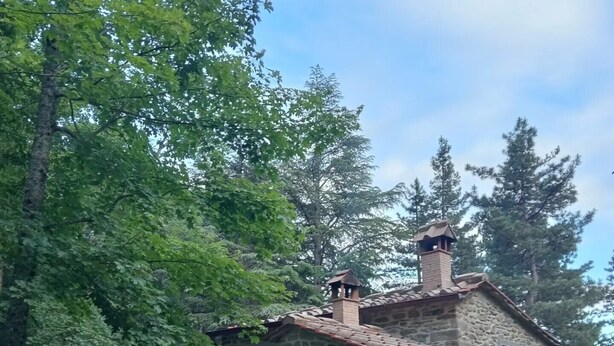 A stone building with a small entrance and a staircase leading up to it. - Rifugio 'Camera Nel Verde' with Mountain Views, Shared Garden and Wi-Fi (Poppi)