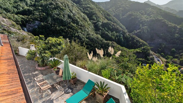 A rooftop terrace with a stone floor, green lounge chairs, and potted plants.
