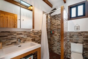 Chuveiro, secador de cabelo, toalhas de banho 