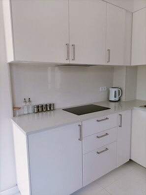 Jääkaappi, mikroaaltouuni, liesi, kahvin-/teenkeitin