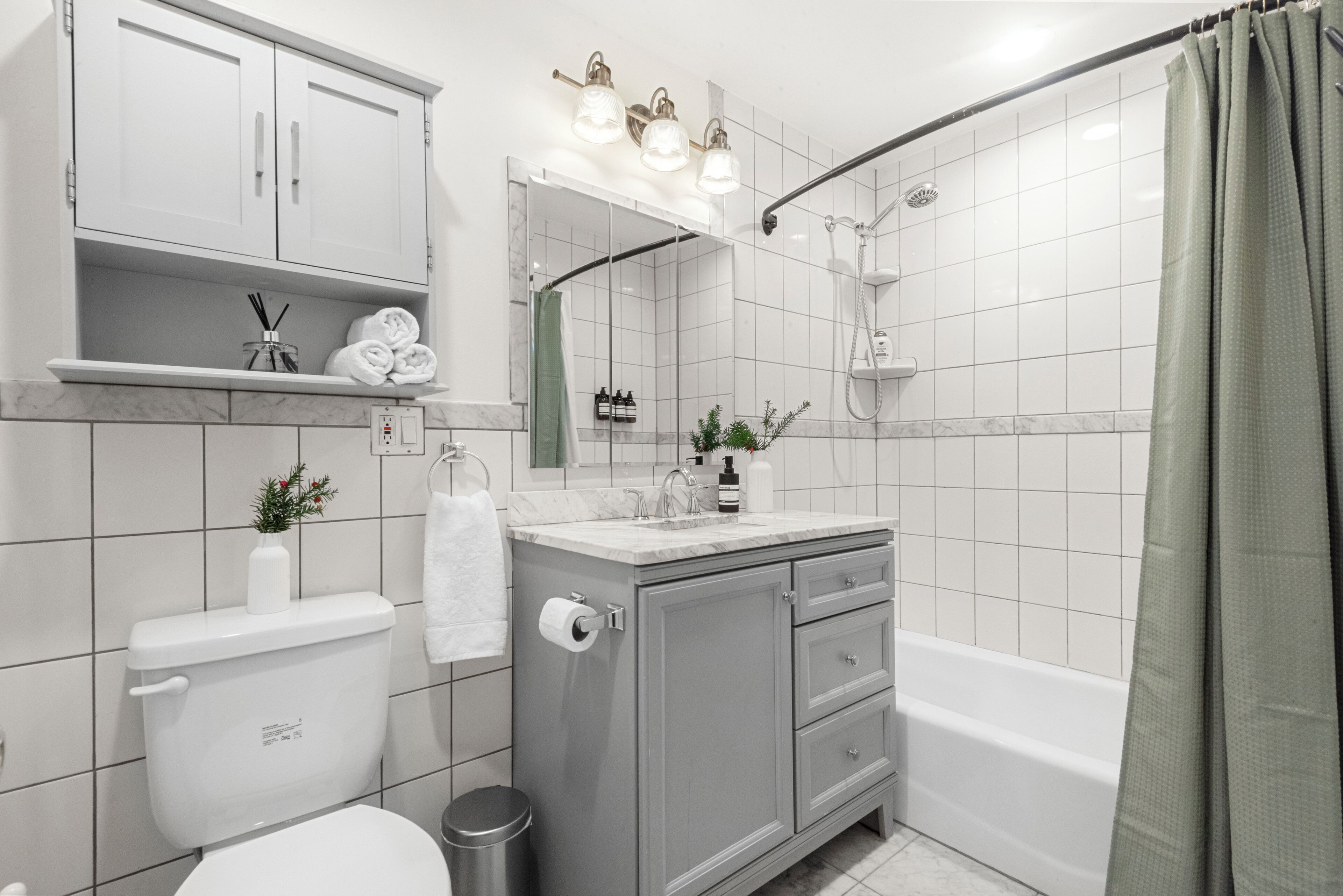 Hair dryer, towels, soap, shampoo