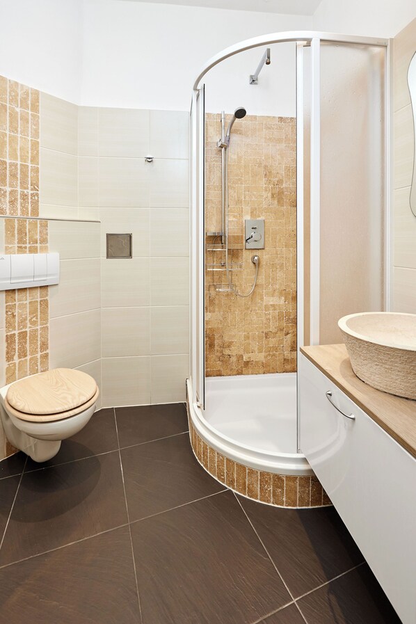 Hair dryer, towels, soap, shampoo