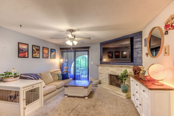 Smart TV, fireplace, books, computer monitors