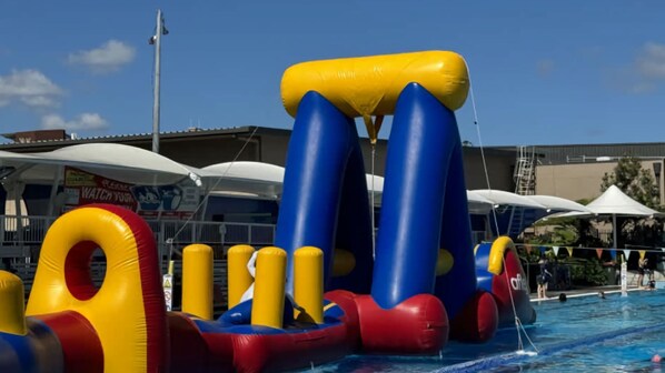 An inflatable pool play structure with blue and yellow colors.