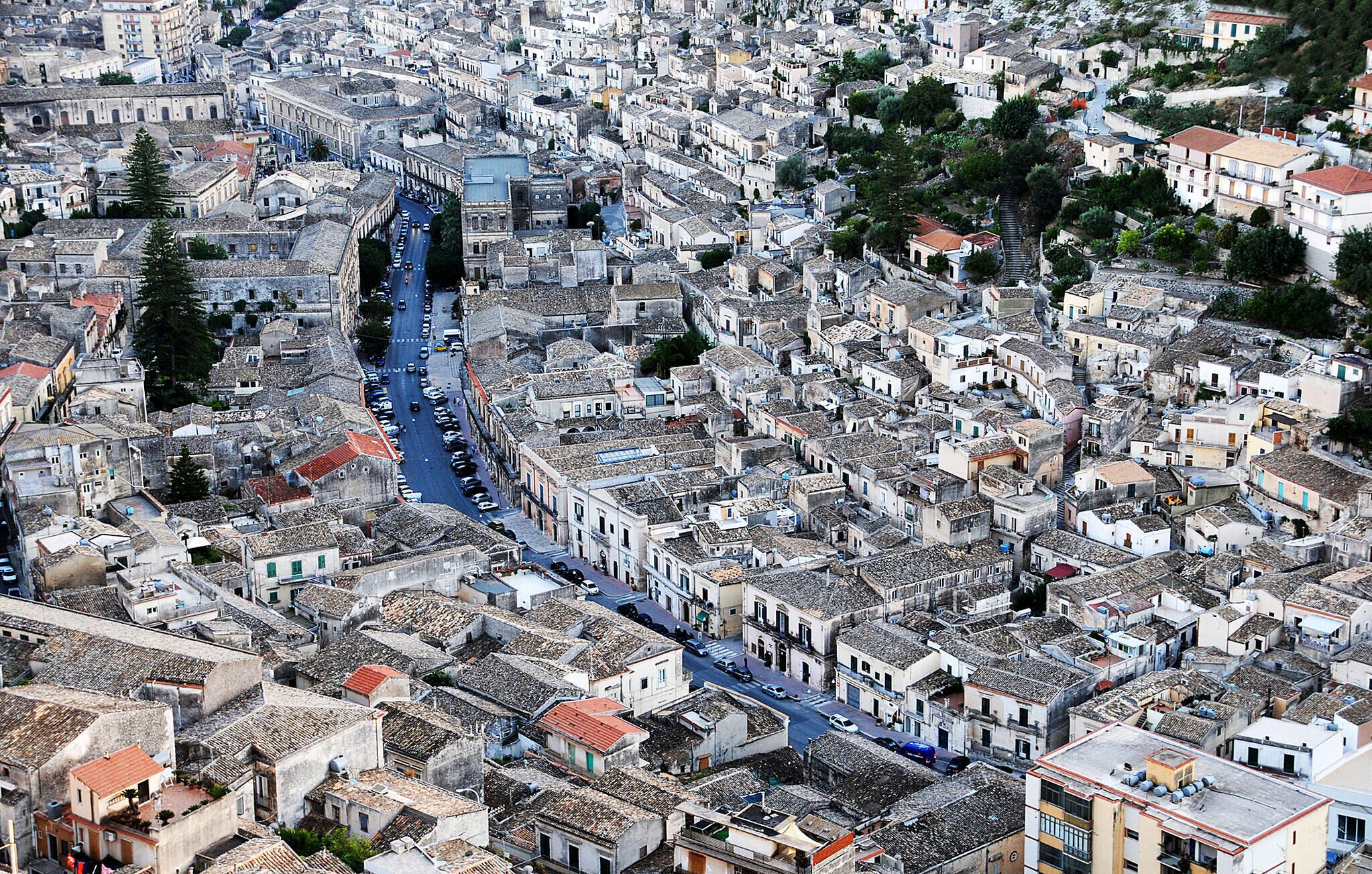 A densely packed urban area with narrow streets and closely built structures.