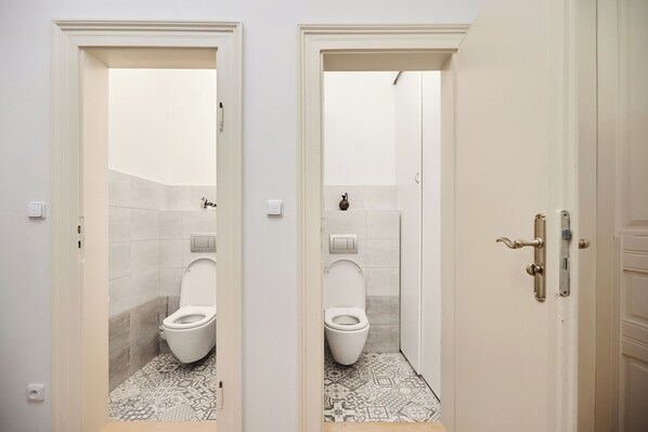 Hair dryer, towels, soap, toilet paper