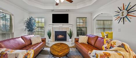 Smart TV, fireplace, foosball, table tennis